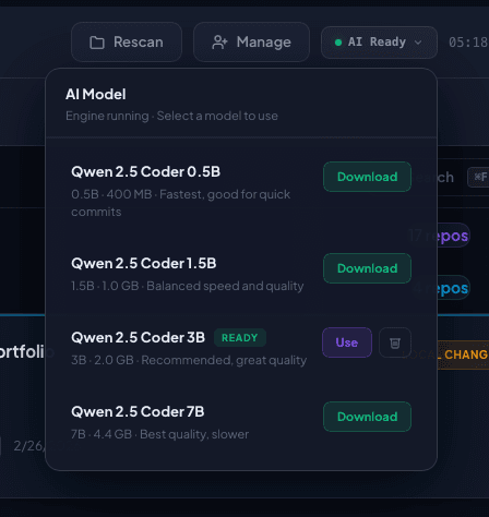 GitPilot AI model selector panel showing Qwen 2.5 Coder models