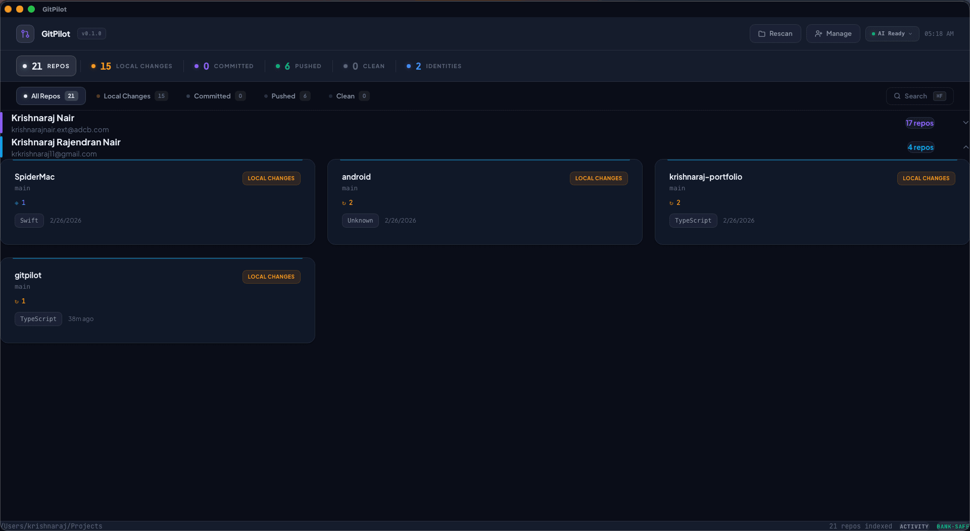 GitPilot main dashboard showing repos grouped by Git identity