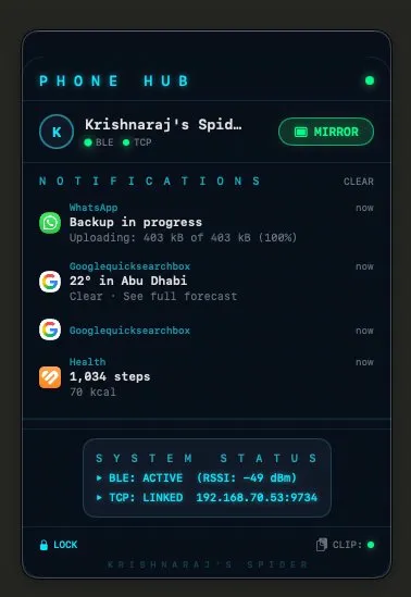 Phone Hub showing notifications and system status
