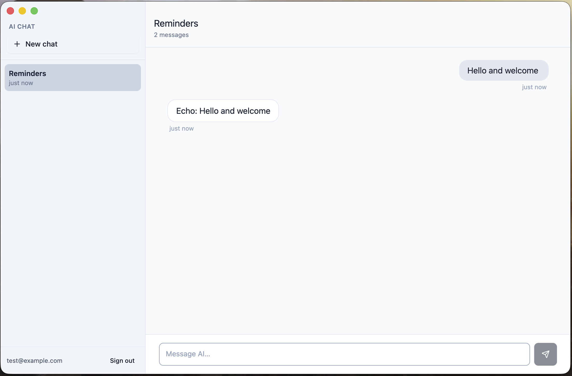 AI Chat conversation view with the mock AI echoing a message